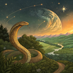 Ananta Shesha, the mythical serpent, coiled around the Earth in a vibrant, detailed fantasy scene. Lush green landscapes, golden hues, and a star-studded night sky create a mesmerizing backdrop.