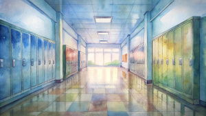 Empty school hallway with lockers and motivational posters on the walls