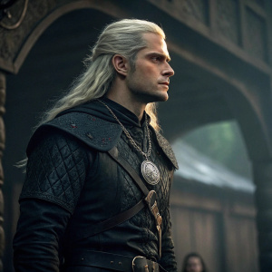 Henry Cavill as Geralt of Rivia, with platinum blonde hair, wearing a dark, detailed outfit with a prominent pendant. Dark, archaic background, low light