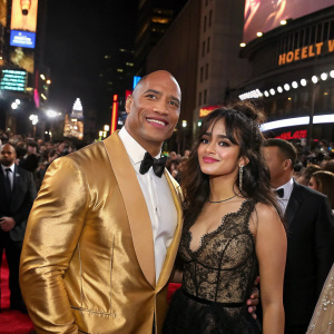 Dwayne Johnson and Camila Cabello at the Met Gala. Johnson in a gold tuxedo, Cabello in a black lace dress. Crowded red carpet with lit-up billboards.