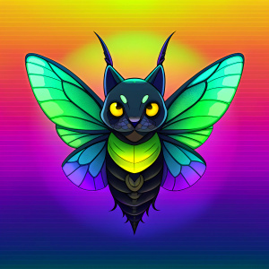 unusual gradient black humanoid bee cat monster bat elk owl goblin butterfly cub in blue green yellow gradient water