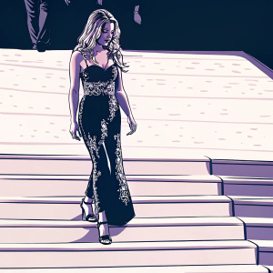 Amber Heard at Cannes Film Festival, walking down the steps of the Palais des Festivals. Wearing an elegant black gown with silver embellishments, paired with black strappy heels. Her long blonde hair is loosely curled.