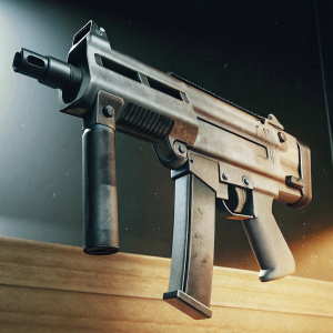 3D rendering of Heckler & Koch G11 PDW. Gun made from metallic gray material. Sleek and compact design for rapid fire precision. Set against a solid, dark gray backdrop.