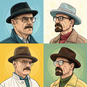 Breaking Bad's Walter White in diverse, whimsical caricatures. Expressive faces, eyewear, and hats.
