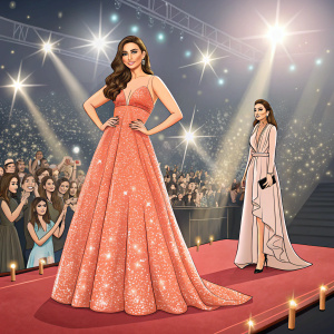 Parineeti Chopra and Neha Dhupia at glamorous film festival. Parineeti in a vibrant peach sequined gown. Bright stage lights, enthusiastic crowd in background