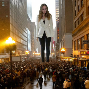 Alycia Debnam-Carey, actress, walking down a bustling New York street. Wearing a white blazer and black skinny jeans. Crowds of people, bright lights