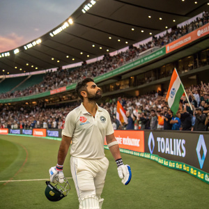Virat Kohli, wearing a white jersey with India's national emblem, is seen walking off the field after a match. The stadium is filled with an enthusiastic crowd wearing various traditional attire and accessories, including cricket caps and team flags. Ads line the perimeter of the field.