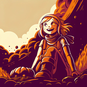 Illustration of a cheerful female character from Afk Arena. Blonde hair, casual attire, set against a fantasy background.