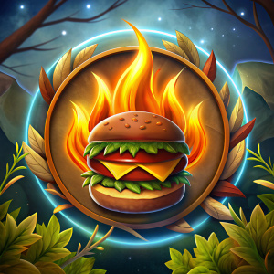 Logotipo vectorizado animado, hecho de un círculo de fuego,con una hamburguesa al centro, y fondo de plantas  y fuego