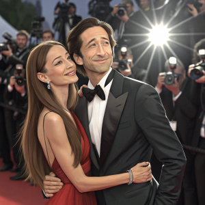 Adrien Brody and Lara Lieto on the Cannes Film Festival red carpet. Adrien, dressed in a black tuxedo, warmly embraces Lara. She has long, straight brown hair. Flashing cameras and paparazzi create a blur in the background.