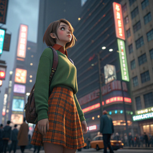 Nakiri Alice, a 3D animated character, stands in a bustling city scene, with a determined look. Wears a green sweater and an orange plaid skirt. She is surrounded by tall buildings and neon lights. Background is a vibrant urban setting.