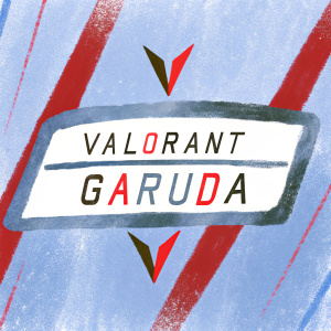 Modern graphic design for Valorant tournament featuring Garuda. Dark background with bold red accents. Large banner with tournament name and Garuda logo.