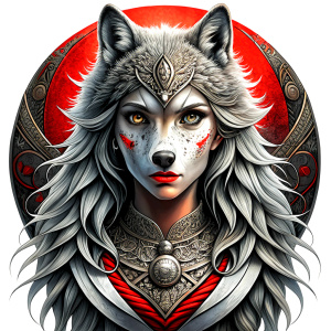 Nordic Godness Ylva She-Wolf - perfect realistic art, high-definition grey and black, white background tattoo design