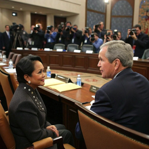 George W. Bush and Gloria Arroyo in a formal meeting room, surrounded by officials and press.