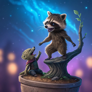 Digital artwork featuring Rocket Raccoon and Baby Groot from Guardians of the Galaxy. Rocket Raccoon, small, raccoon-like creature, sitting atop Baby Groot, a small tree-like being with rough bark-like skin. Scene set against a bright, vivid background of glowing blues and purples. Illustration captures dynamic expressions and movements of characters.