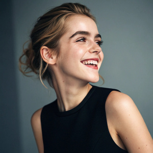 Close-up of Kiernan Shipka, Caucasian actress with a radiant smile, wearing a black sleeveless dress. Soft lighting and muted gray background.