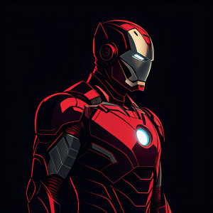 Tony Stark's Iron Man suit in a minimalist design. Dark background with sharp lines and vibrant red accents.