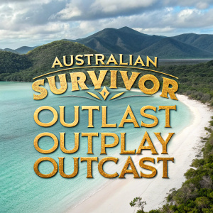 Promotional image for 'Australian Survivor Outlast Outplay Outcast'. Golden logo centered, bold and eye-catching. Background showcases a serene beach with mountains in the distance, and turquoise water.