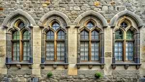 four vintage window,old stone grandwall,gray colour 