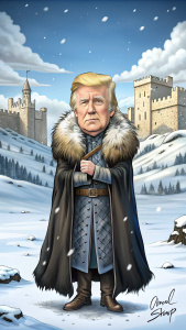 a cartoon caricature of an image depicting Donald Trump as Jon Snow, in a fur-lined cloak, standing in a snowy landscape. The background features a castle wall, with the quote in a medieval font, white background