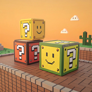 Promotional image for Lucky Block mod, Minecraft Pocket Edition. Features pixelated, colorful blocks with smiling faces, set against a warm orange backdrop. Retro video game style.