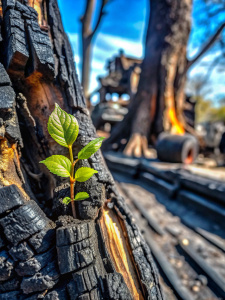 Phoenix Bloom
Macro Lens: Focus on the charred bark of a burnt tree, capturing the intricate patterns of destruction left by the fire. Zoom in on a single, newly sprouted green leaf emerging defiantly from a blackened branch.
Juxtaposition: Contrast the starkness of the burned-out cars and buildings against the fragile beauty of the nascent leaf. Highlight the interplay of textures - the rough, charred wood against the smooth, delicate surface of the leaf.
Lighting: Use natural sunlight to illum