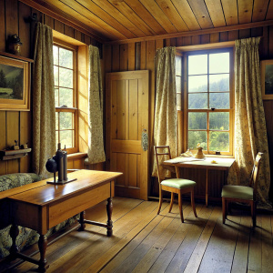 Old tailor shop with half-wood paneling on the walls. There is a single window and a curtain on the window. An old sewing machine. A large table for making dress patterns. Wooden furniture on the wall, filled with reams of fabric. A glass cabinet full of sewing accessories. Landscape paintings on the walls. Ironing and ironing. table.Trial cabin in the corner.Retro old lamp on the ceiling