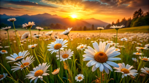 The landscape of white daisy blooms in a field, with the focus on the setting sun. The grassy meadow is blurred, creating a warm golden hour effect during sunset and sunrise time