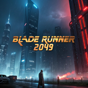 Poster for 'Blade Runner 2049'. Futuristic cityscape, neon lights in blue and red hues. Movie title in gold, against night sky.