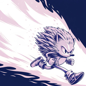 Highly detailed digital illustration of Sonic the Hedgehog. Running pose with fiery blue streaks. Solid black background