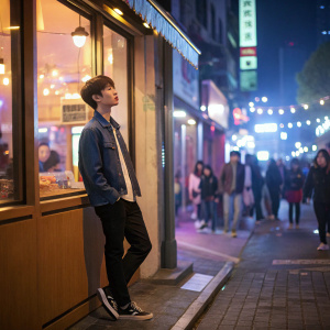 Eunhyuk from Super Junior M, dressed casually, standing outside a trendy cafe. Crowded street with bright artificial lighting