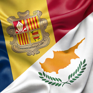 Digital illustration of Andorra and Cyprus flags. Flags interwoven in a flowing pattern. Andorra flag with a modern emblem on a yellow backdrop. Cyprus flag featuring a distinctive emblem and laurel wreath. Realistic style with textured effect.