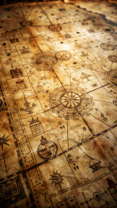 An ancient-looking map with faded markings and cryptic symbols, hinting at the location of the Forgotten City.