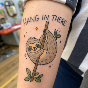 A casual hand-drawn tattoo of a cartoon sloth hanging on a pole with the phrase 'Hang in There' in playful font. Fuzzy out-of-focus background.