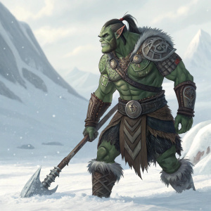 Green-skinned orc warrior, adorned with tribal tattoos and tusks, standing in a snowy tundra. Background is bright and icy.