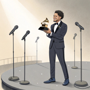 Trevor Noah holding the Grammy Award trophy. The stage is empty except for a few microphones.