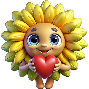Cute dandelion character with arms holding a big heart