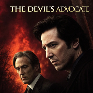 Film poster: 'The Devil's Advocate'. Starring Al Pacino and Keanu Reeves. Intense scene with dark, fiery backdrop.