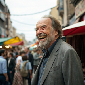 Rip Torn, the distinguished actor, captured in a candid moment. Grey suit, smiling widely. Crowded street festival backdrop.