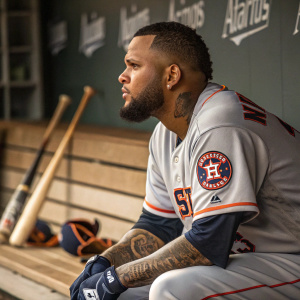Martin Maldonado, bearded baseball player, in Houston Astros jersey. Serious pose with tattoos visible. Indoor dugout setting, wooden bench and baseball gear nearby.