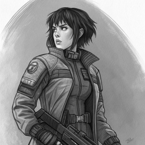 Pencil sketch of Motoko Kusanagi. Detailed jacket and futuristic weapon. Determined expression. Dark hair. Simple grayscale background.