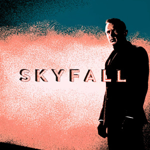 Daniel Craig as James Bond in a gritty promotional shot for 'Skyfall'. Dark, moody atmosphere. Skyfall logo prominent