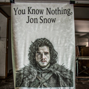 Jon Snow from Game of Thrones. Portrait with determined expression. Textured fur coat, bold facial lines. Caption above reads 'You Know Nothing, Jon Snow'.