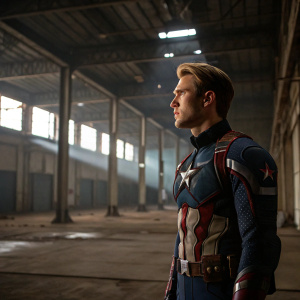 Frowning superhero, Captain America's alter ego, stands alone in an empty warehouse.