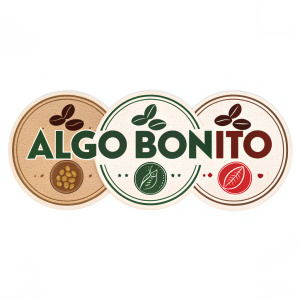 Minimalist logo design for Algo Bonito. Logo variations featuring sleek typography in earth tones like brown, green, and red. Set against a plain white background.