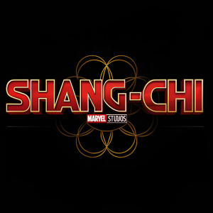 Digital art of the Marvel Studios logo for Shang-Chi. Black background, red and gold text. Bright and vibrant colors