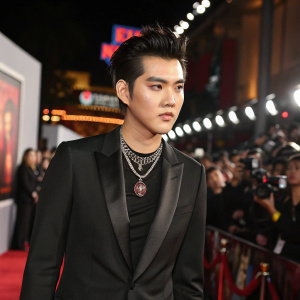 Kris Wu at a movie premiere. Wearing a sleek black suit, with a bold statement necklace. Crowd and flashing cameras in background.