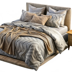  Create image of a bedding set including duvet cover, flat sheet, fitted sheet and pillowcases. The bedding set should be in a neutral color. The duvet cover should have a textured pattern. The fitted sheet should be a solid color. The pillowcases should have a textured pattern. The background should be transparent.