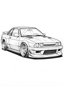 Black and white Coloring page for Adult, Cartoon Drift car, clean line art, black and white only
