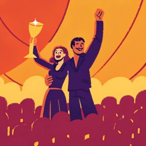 Meryl Davis and Maksim Chmerkovskiy celebrating their victory on the stage of 'Dancing with the Stars'. Crowded audience with cheering fans and bright lights. Dark attire and trophy in hand